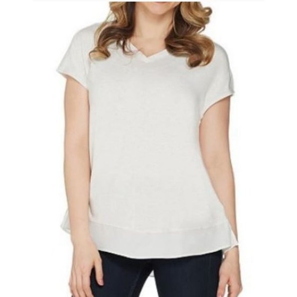 Halston Extended Shoulder V-Neck  white Top Side Slits Tee XS New A303178 - Picture 1 of 5